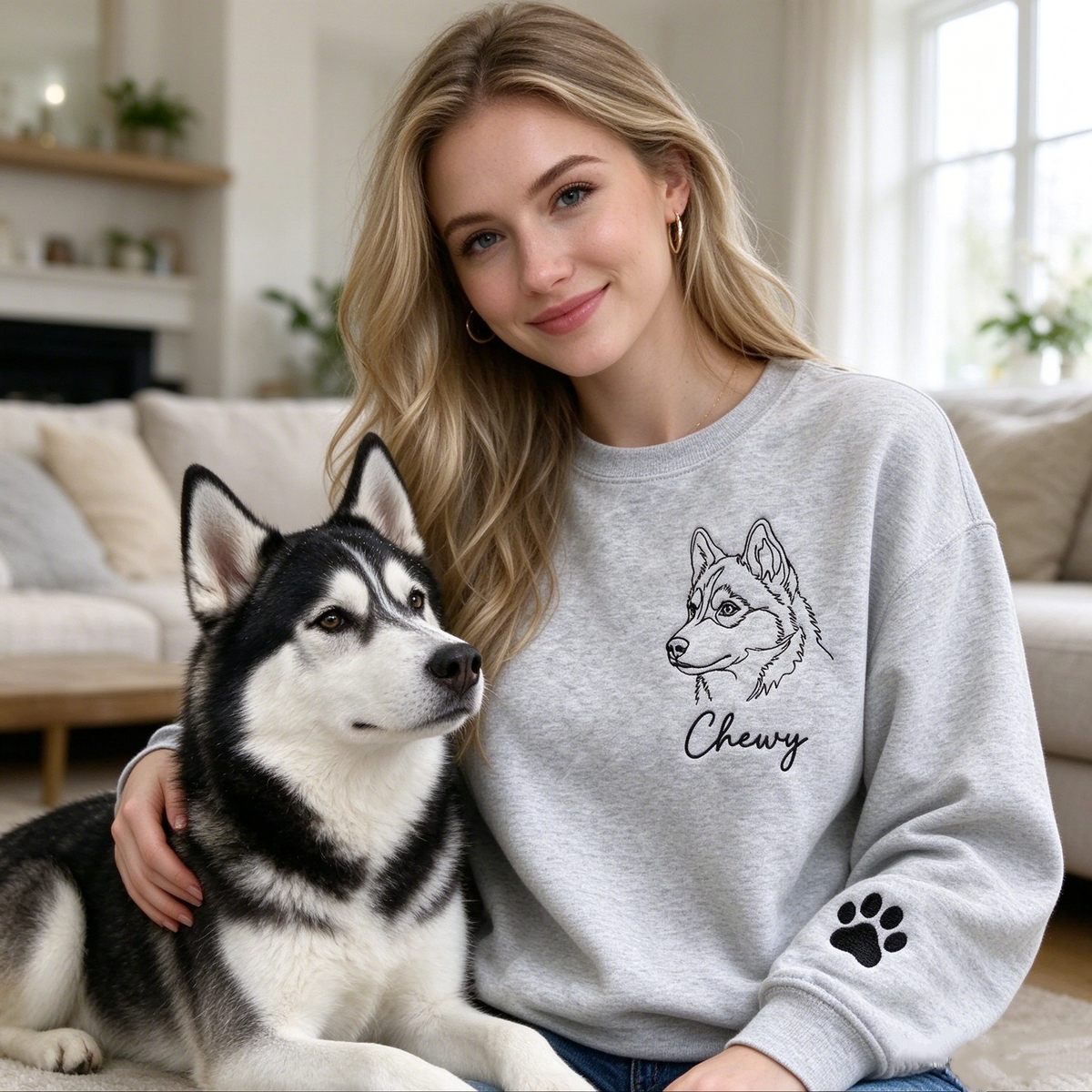 Woman wearing gray Chewy pet outline sweatshirt beside a husky
