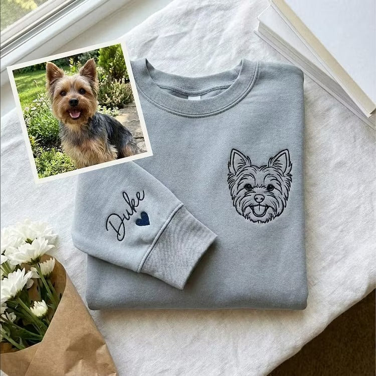 Blue Duke dog outline sweatshirt with embroidered name and heart on sleeve