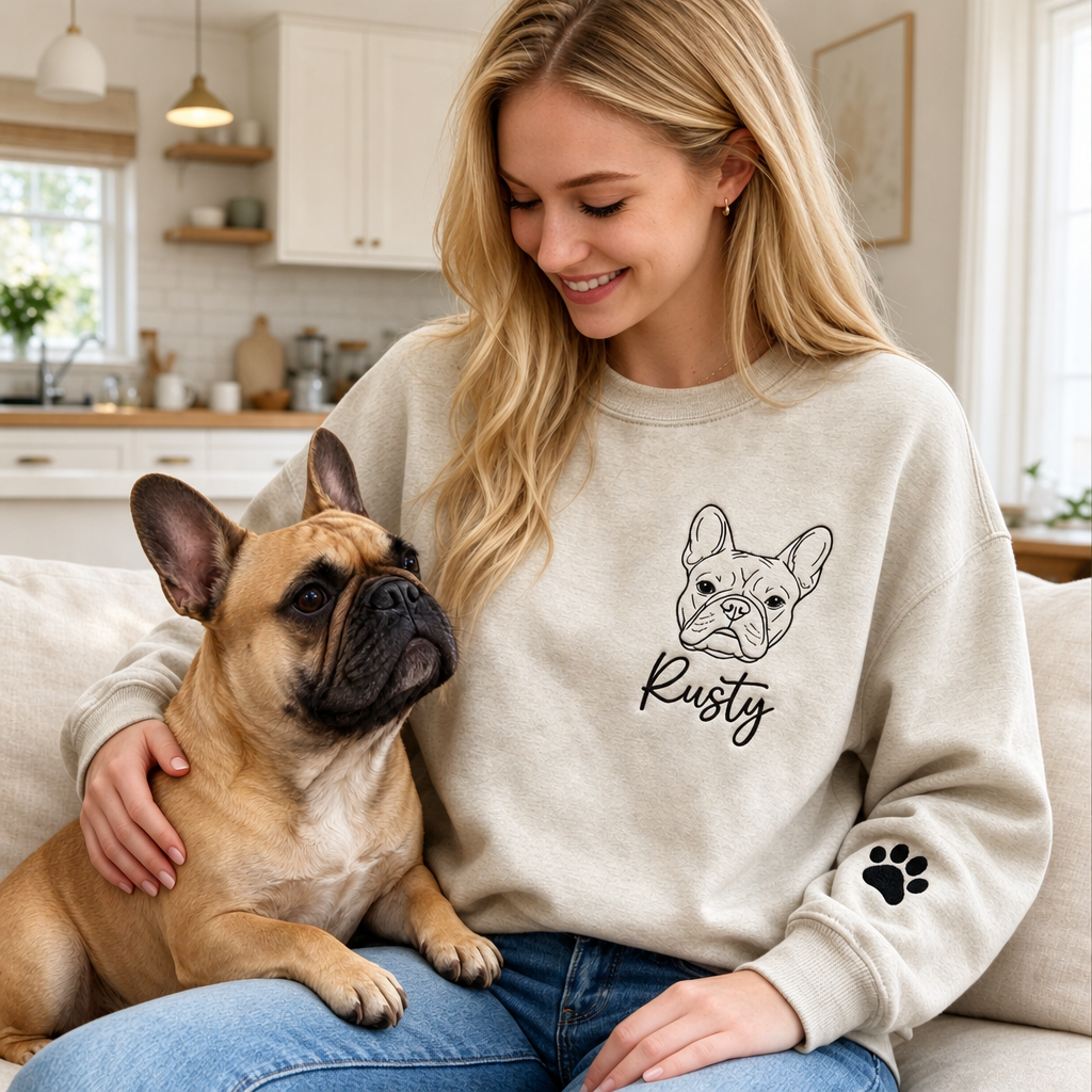 Woman wearing Rusty French bulldog embroidered sweatshirt with her dog
