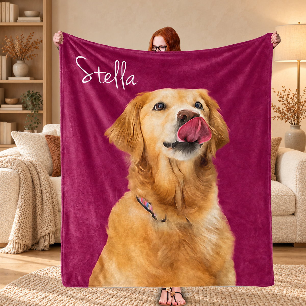 Stella custom pet portrait blanket in a warm reading room
