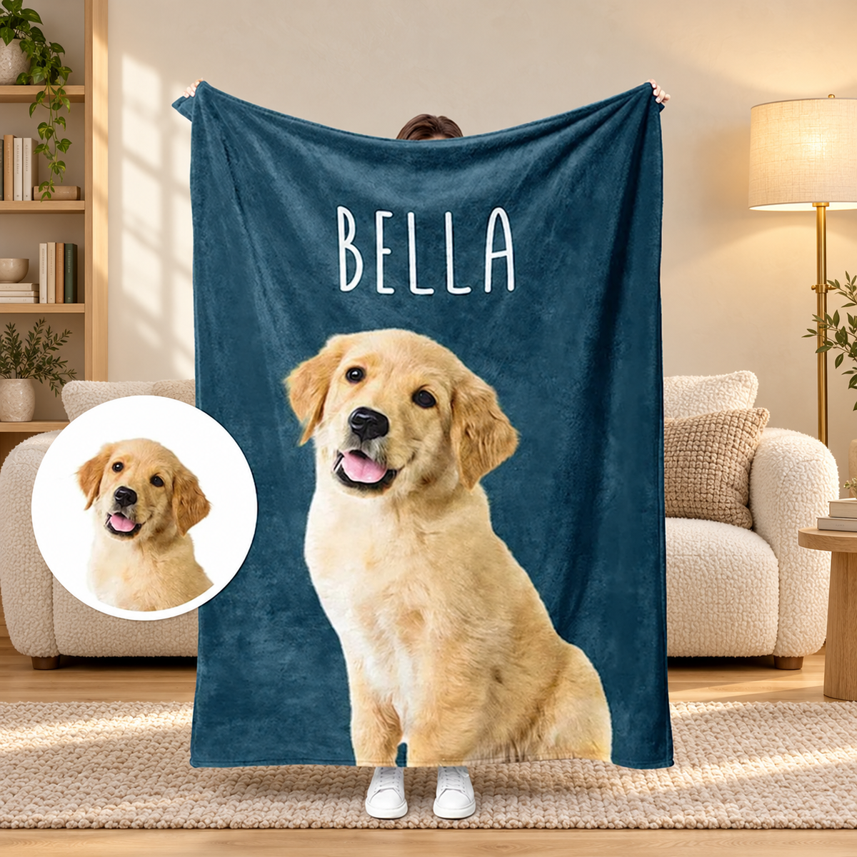 Bella blue custom pet blanket with original photo comparison in a warm reading room