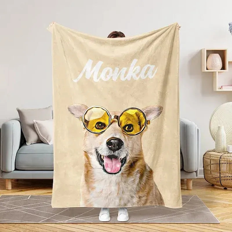 Cream Monka blanket with corgi portrait wearing yellow glasses