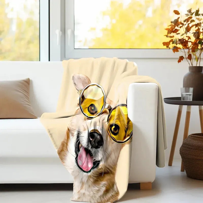 Personalized corgi portrait blanket draped over a white armchair