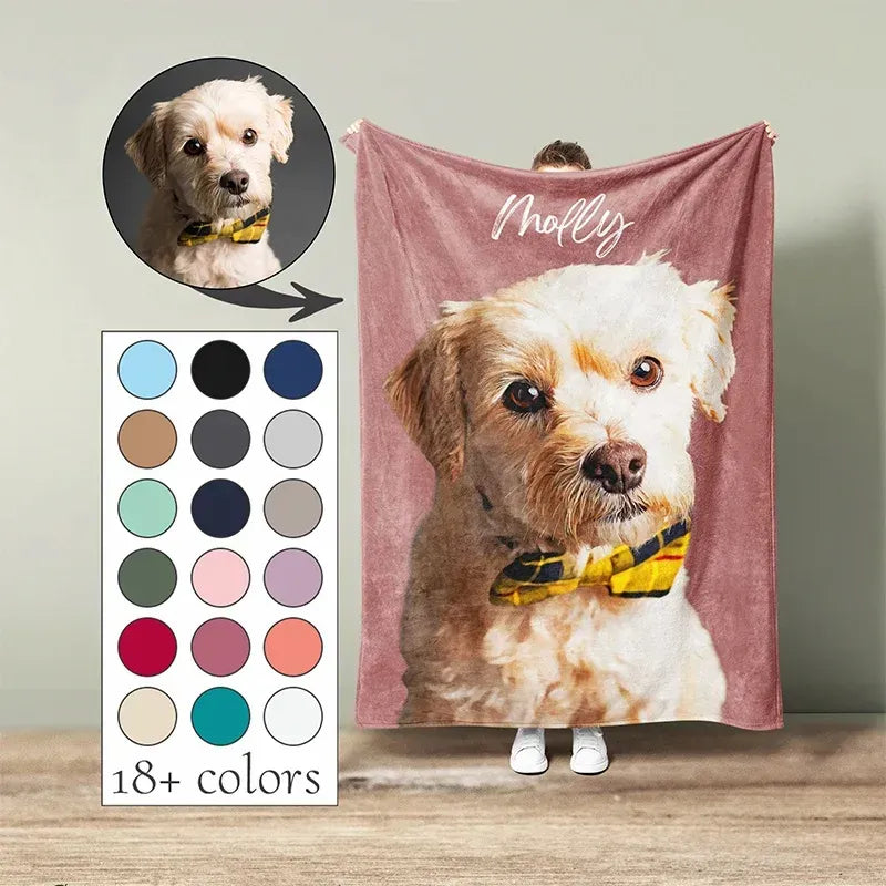 Pink Molly dog portrait blanket with pet photo and background color examples