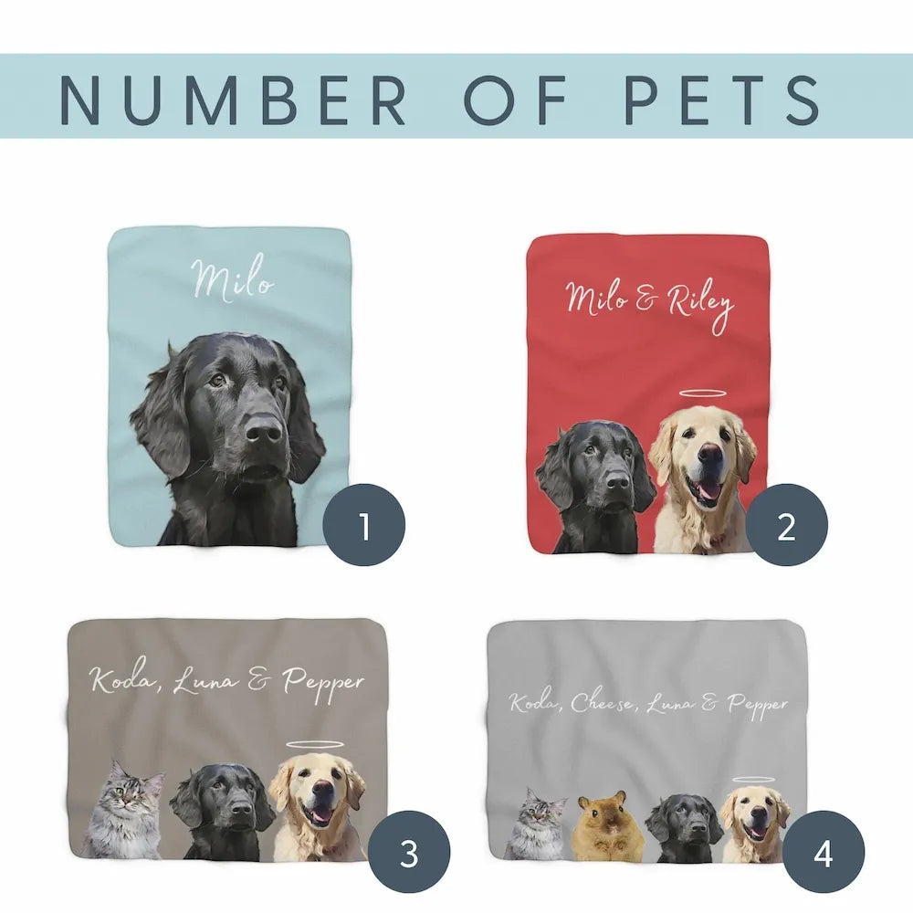 Examples of personalized blankets with one to four pet portraits