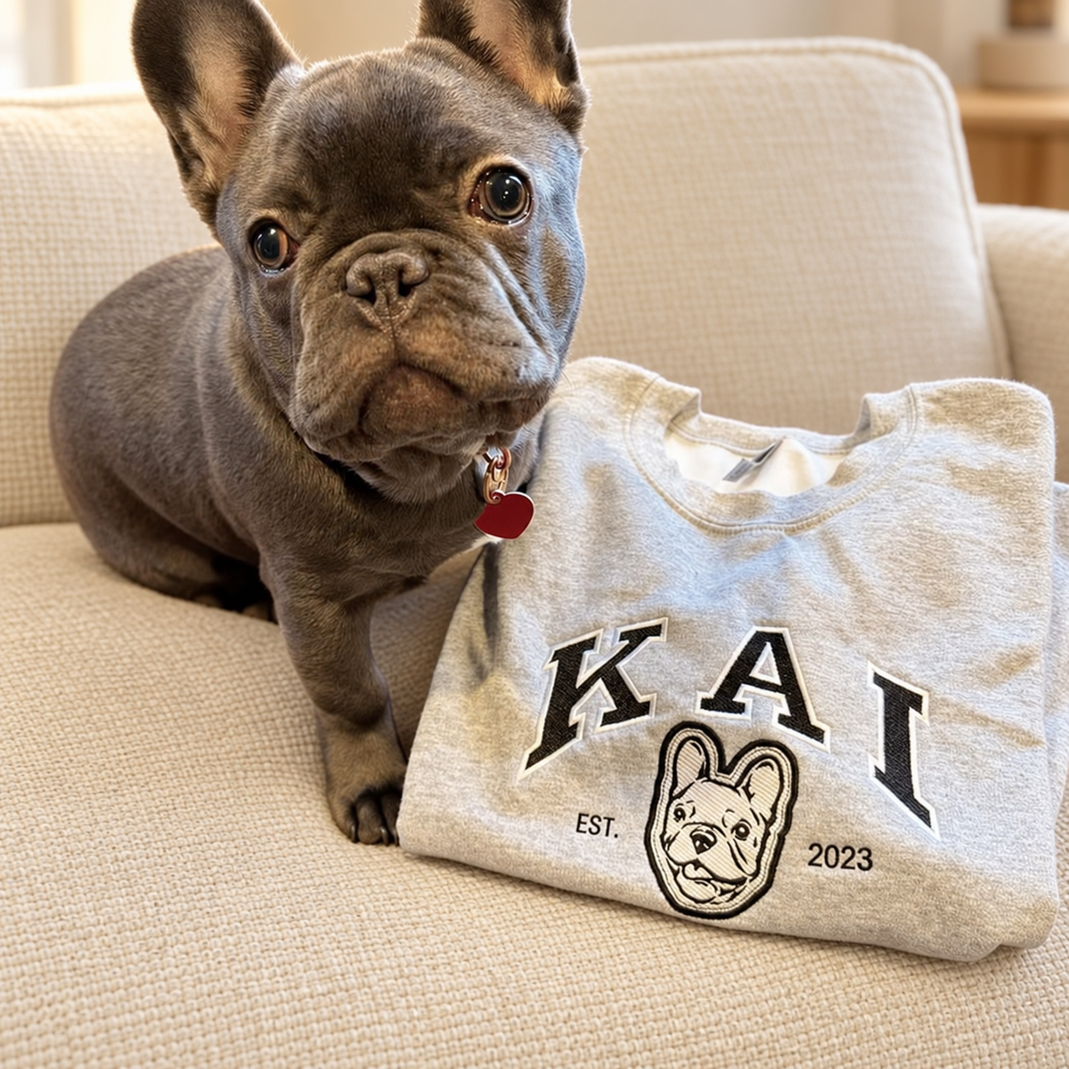 French bulldog beside gray KAI varsity pet portrait sweatshirt on a cream sofa