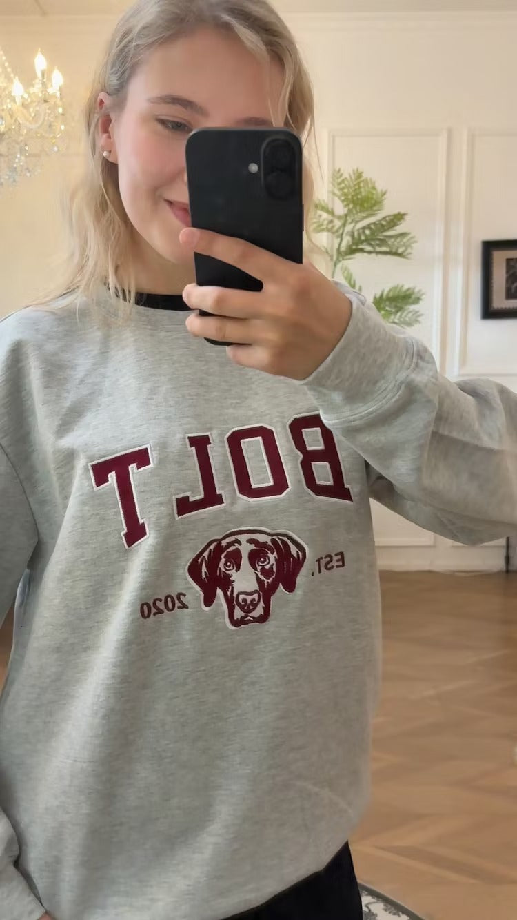 Mirror selfie in a gray BOLT pet outline sweatshirt