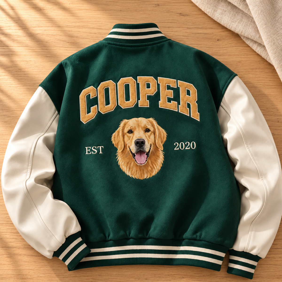 Forest green and ivory custom varsity jacket with Cooper name and golden retriever portrait on the back