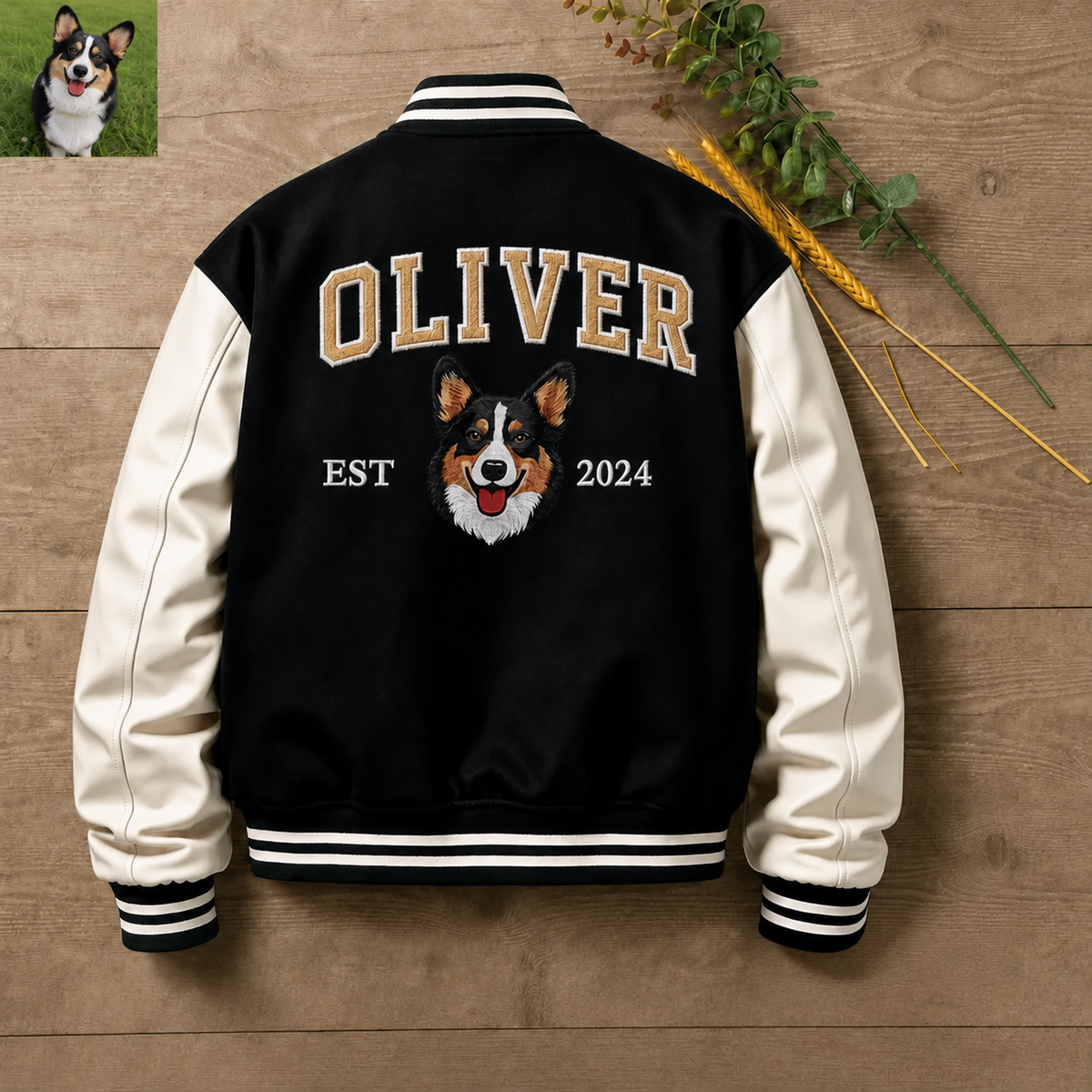 Black Oliver custom varsity jacket with dog portrait and EST year