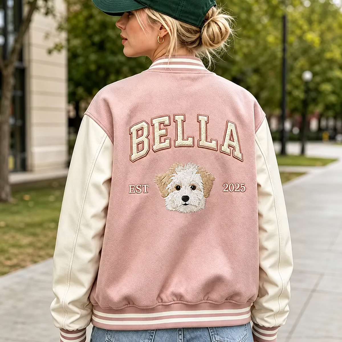 Model wearing pink Bella pet portrait varsity jacket with ivory sleeves