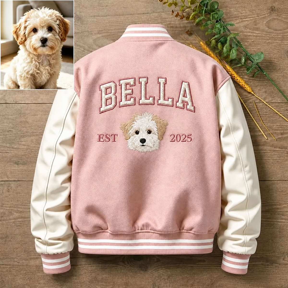 Pink Bella varsity jacket with dog portrait and matching pet photo example