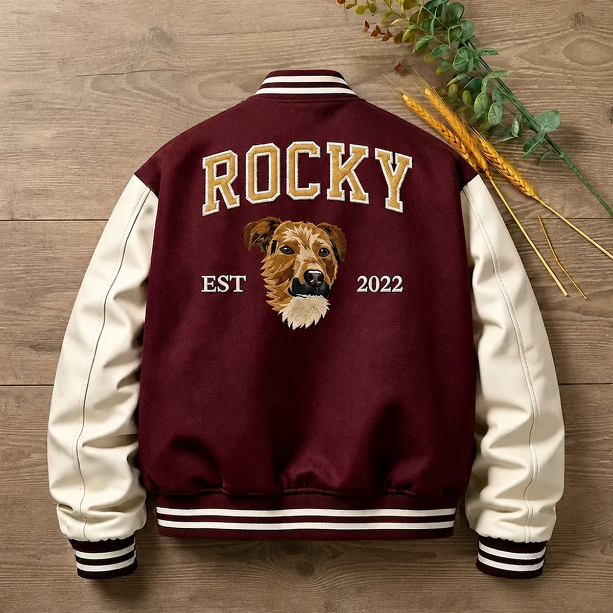 Burgundy Rocky varsity jacket with pet portrait and EST year