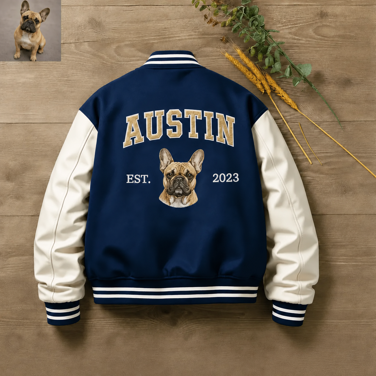 Navy Austin dog portrait varsity jacket with a pet photo example
