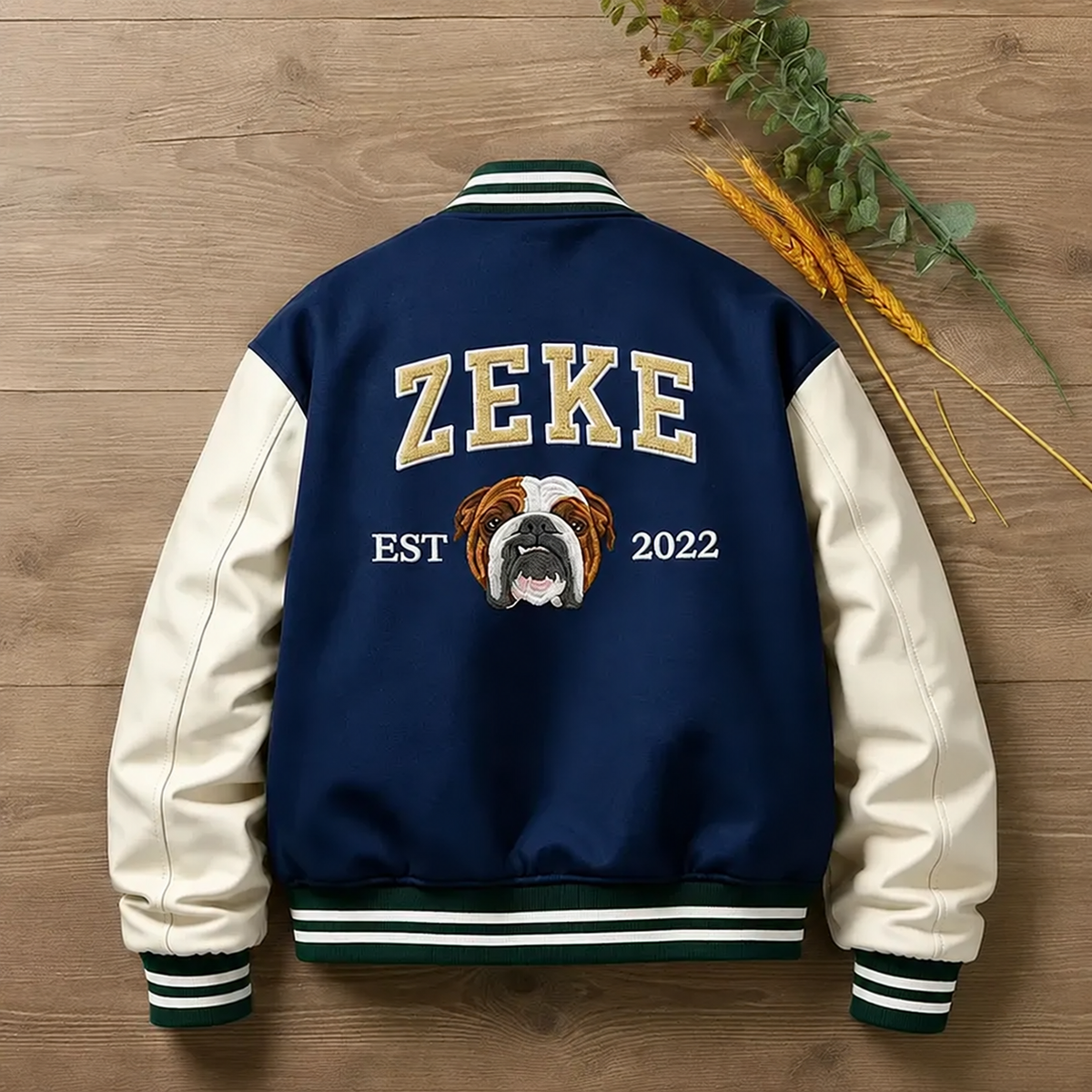 Navy Zeke varsity jacket with embroidered dog portrait