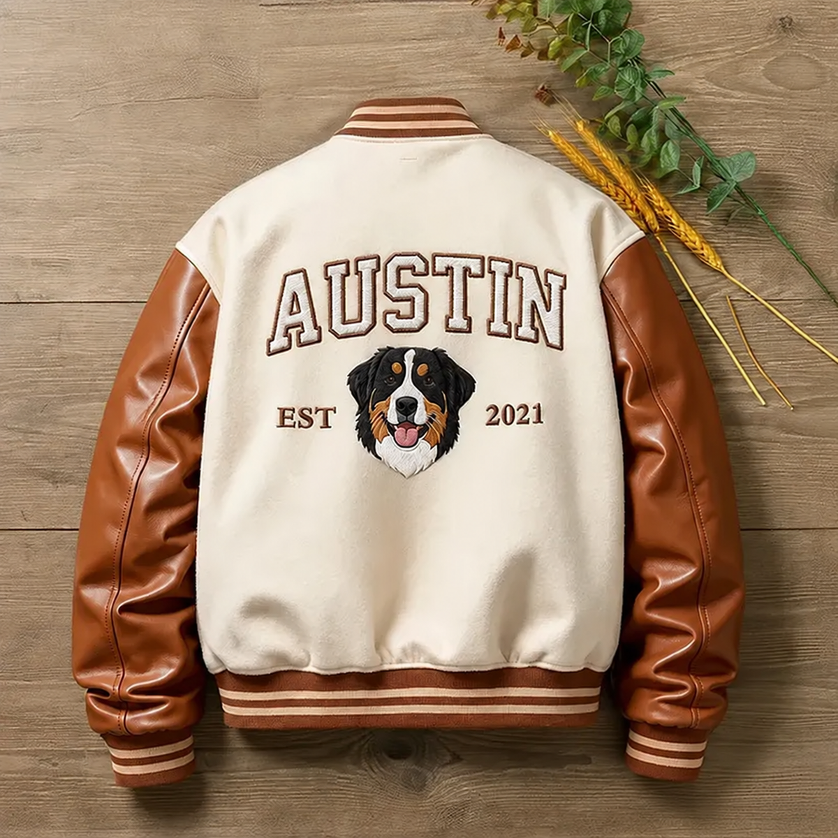 Cream and brown Austin varsity jacket with embroidered dog portrait