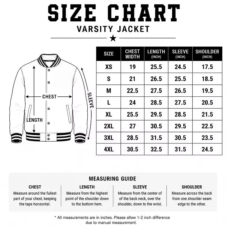 Varsity jacket size chart with garment measurements in inches