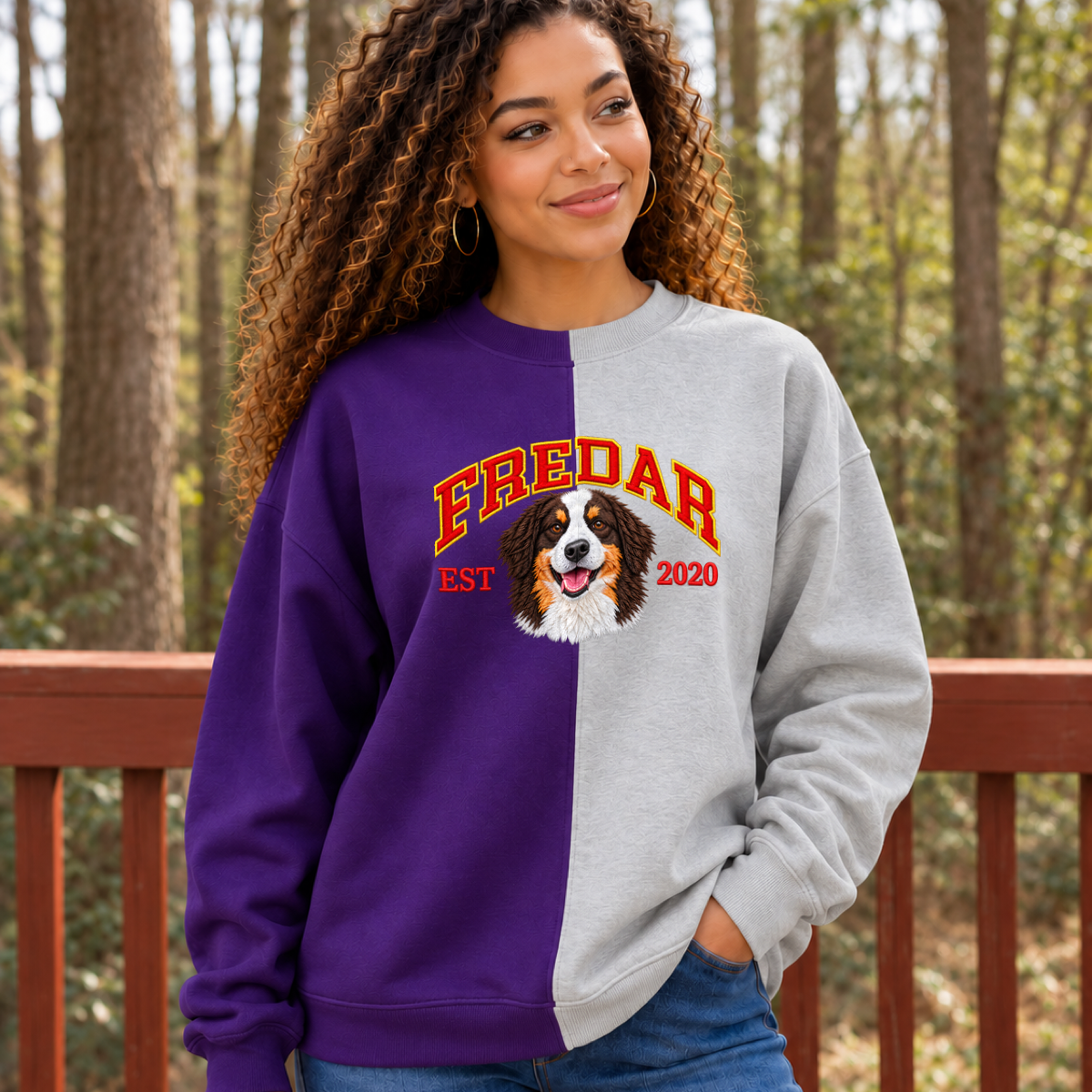 Model wearing purple and gray split color pet portrait sweatshirt with FREDAR varsity name and EST 2020