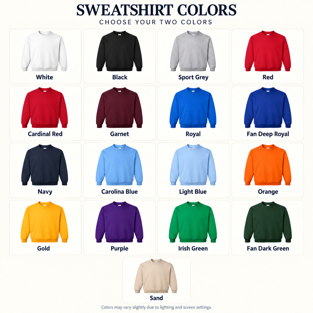 Sweatshirt color chart showing 17 colors for choosing a custom two-tone color combination