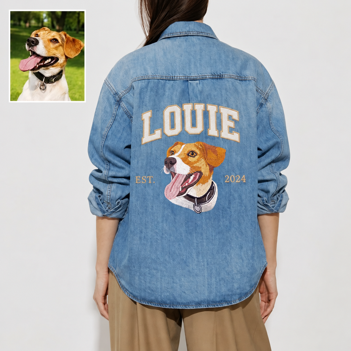 Back of oversized blue denim shirt with Louie pet portrait, varsity name and EST year