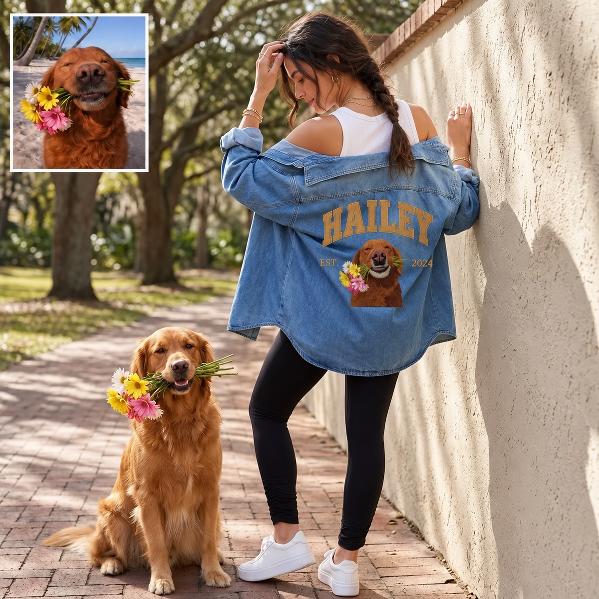 Hailey pet portrait denim shirt worn outdoors beside a golden retriever