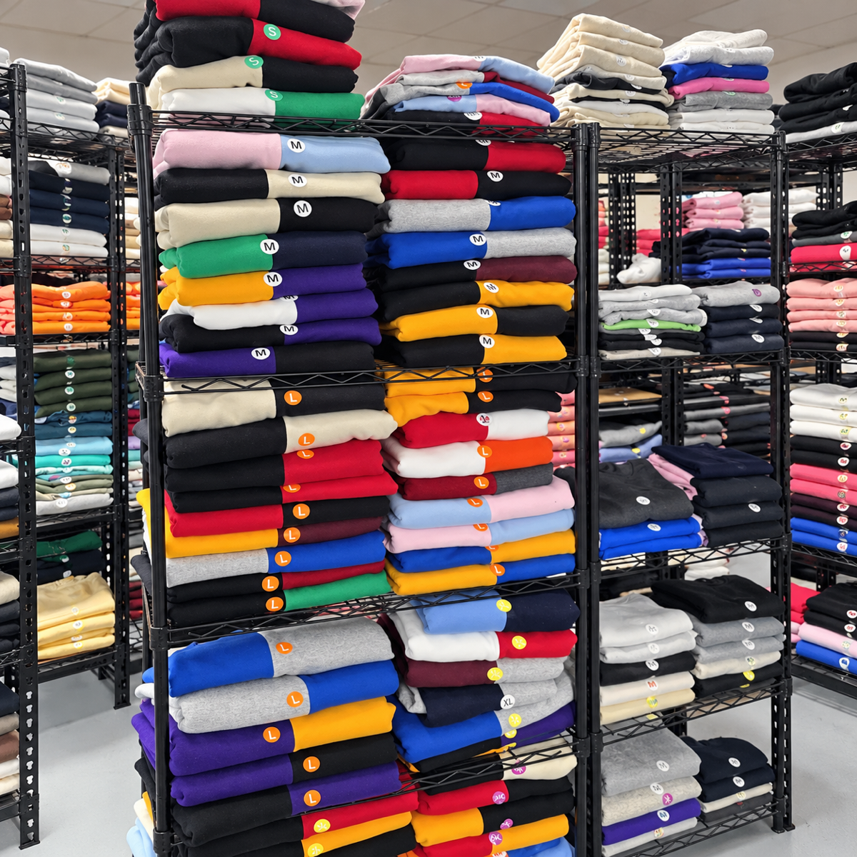 Black metal warehouse racks with neatly stacked two-tone sweatshirts in assorted colors and sizes