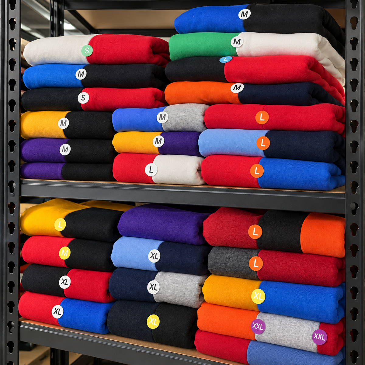 Close view of folded split color sweatshirts organized on shelving with size stickers
